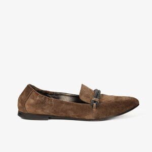 *SOLDBrunello Cucinelli Monili Strap Brown Suede Flat Point-Toe Loafers, Size 39